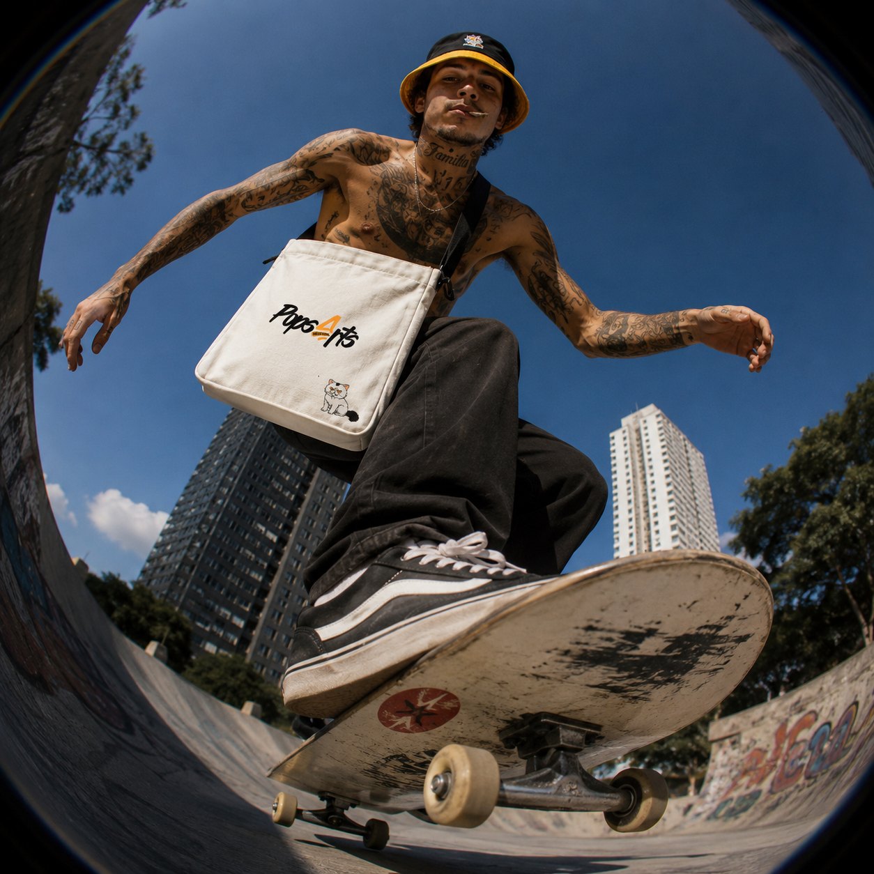 Bolsa PopsArts em editorial de skate