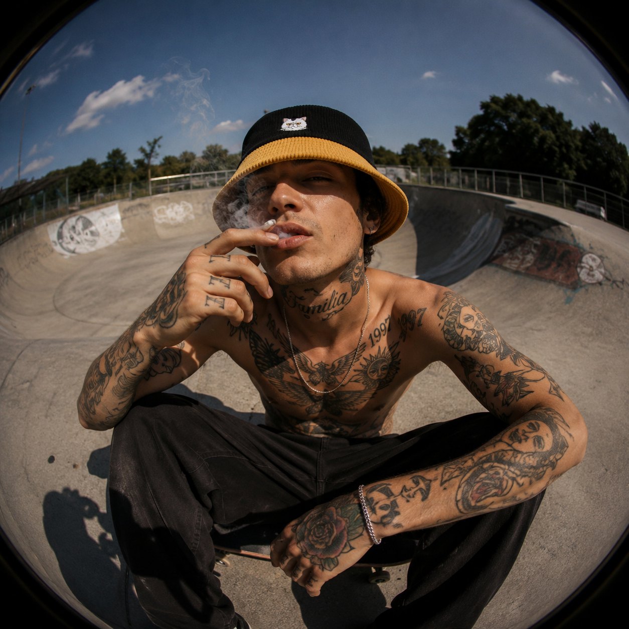 Chapéu bucket PopsArts em editorial de skate