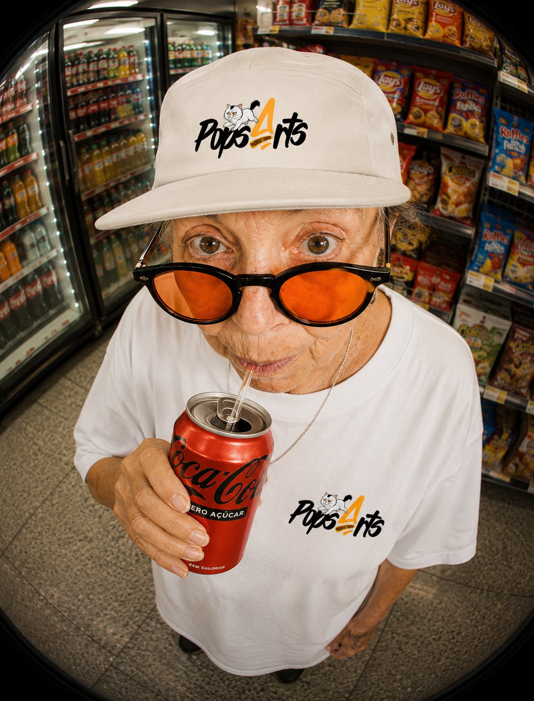 Camiseta e boné PopsArts em editorial urbano