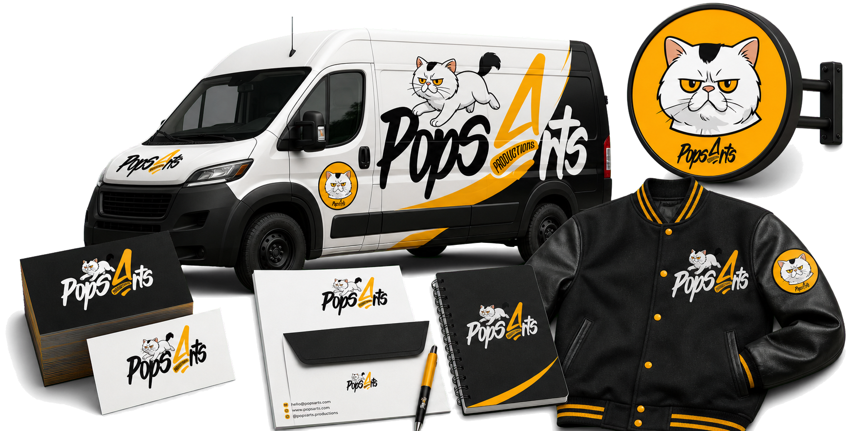 Pops Arts aplicada em veículo, papelaria, placa e uniforme