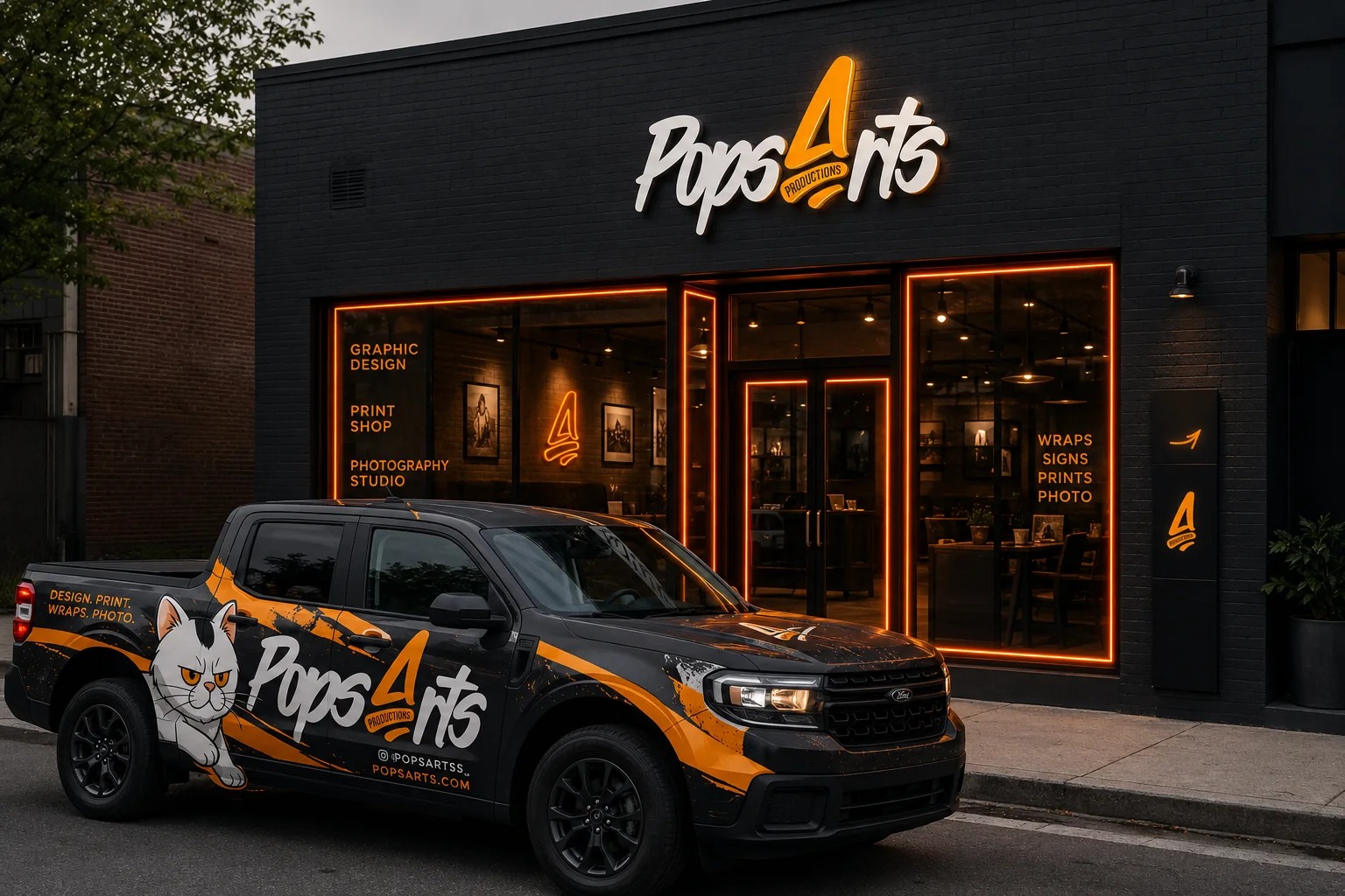 Caminhonete adesivada em frente ao estúdio Pops Arts